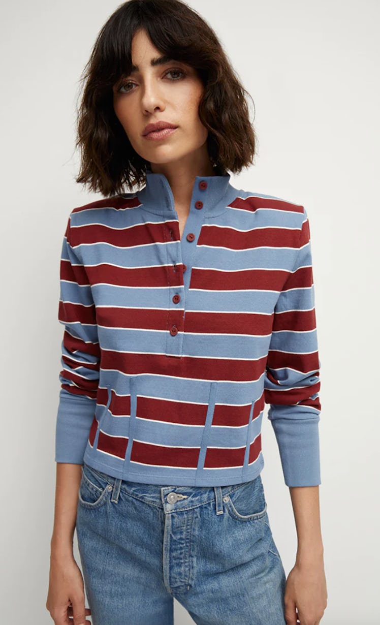 blue red white striped polo