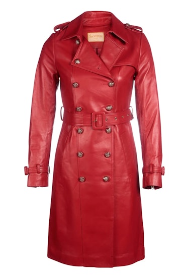 red leather trench coat