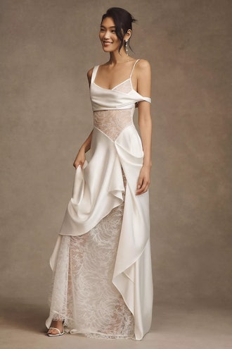 Anthropologie Watters Venus Satin & Lace Draped Wedding Gown