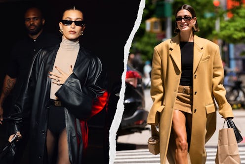 hailey bieber quiet luxury outfits camel jacket leather no-pants look