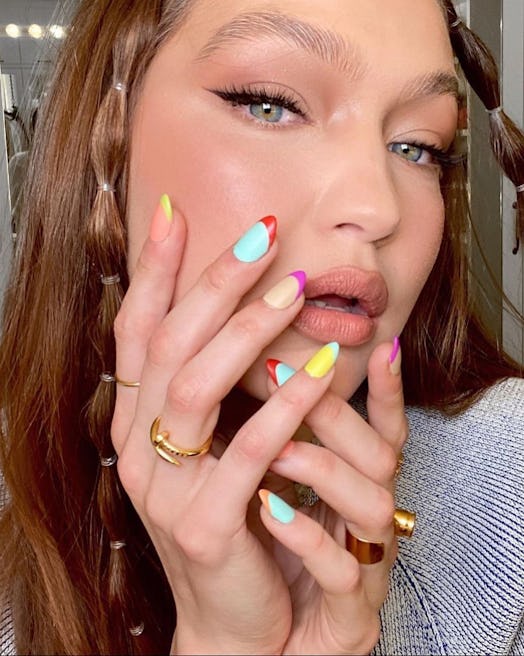Gigi Hadid rainbow neon french manicure