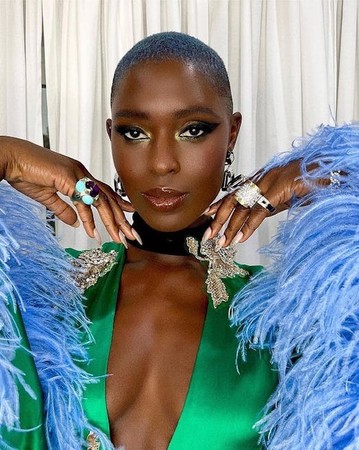 Jodie Turner-Smith silver glitter French tips