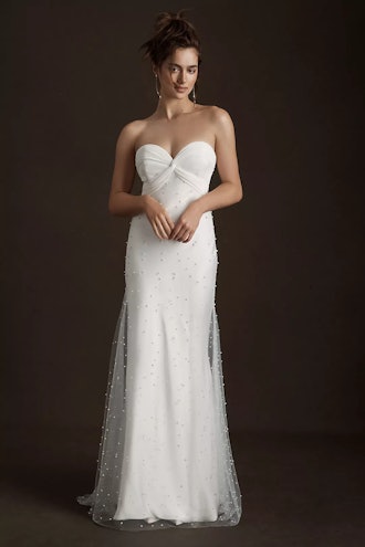 Anthropologie Savannah Miller Angeline Strapless Pearl Overlay Wedding Gown