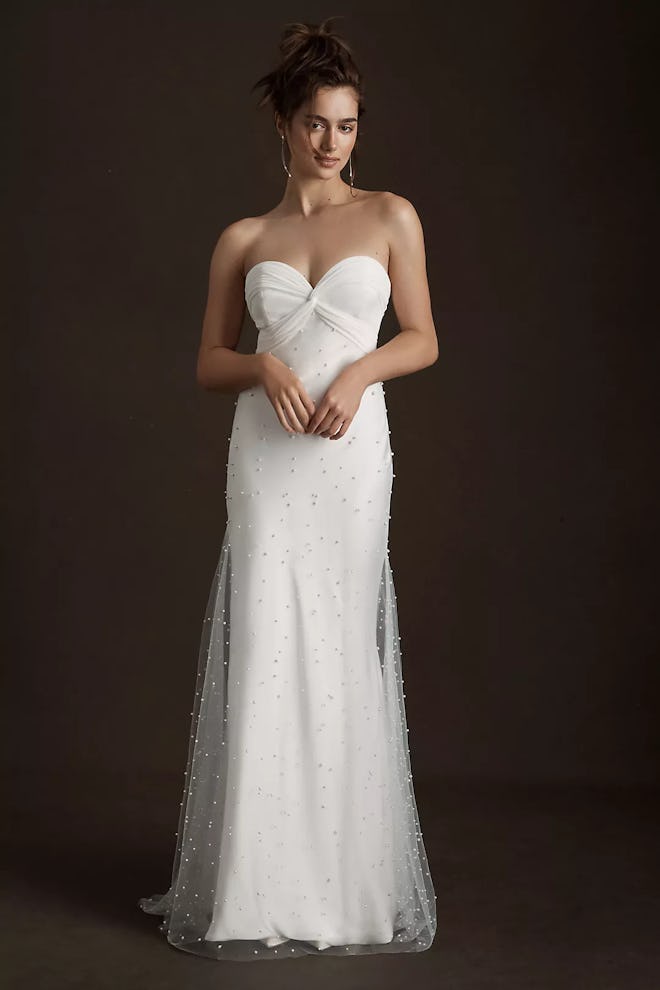Anthropologie Savannah Miller Angeline Strapless Pearl Overlay Wedding Gown