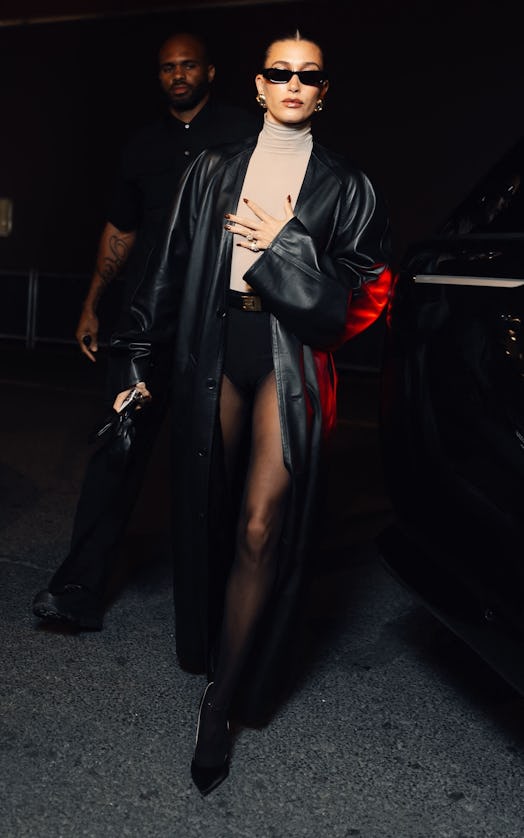 Hailey Bieber’s no pants ensemble.