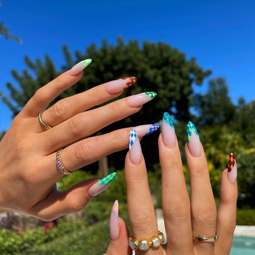 Kylie Jenner colorful checkerboard french manicure