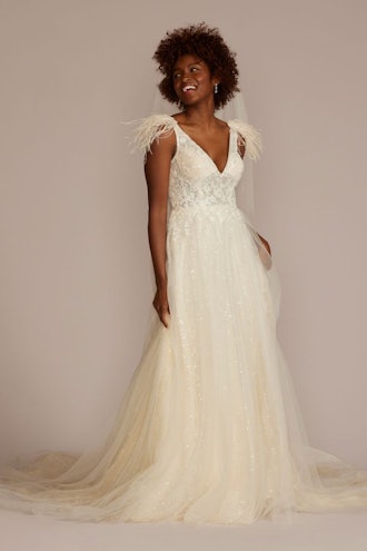 David's Bridal Galina Signature Floral Sequin Feathered Wedding Dress