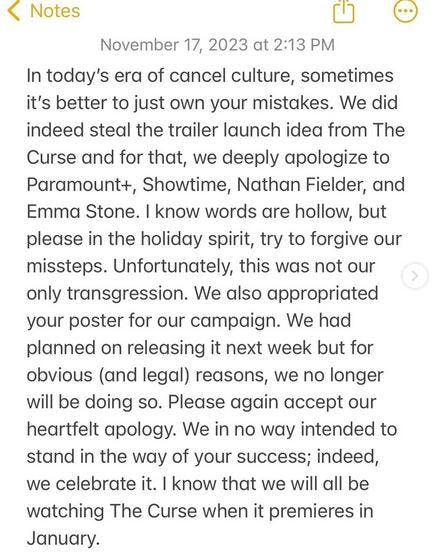 Will Gluck shared a satirical statement about &lsquo;The Curse&rsquo; using the same promo as &lsquo;Anyone But Here.'