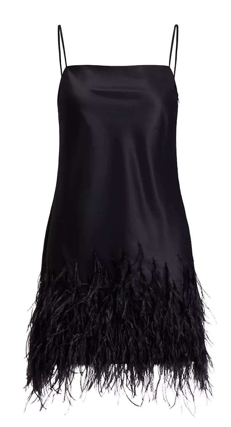 black mini dress with feather