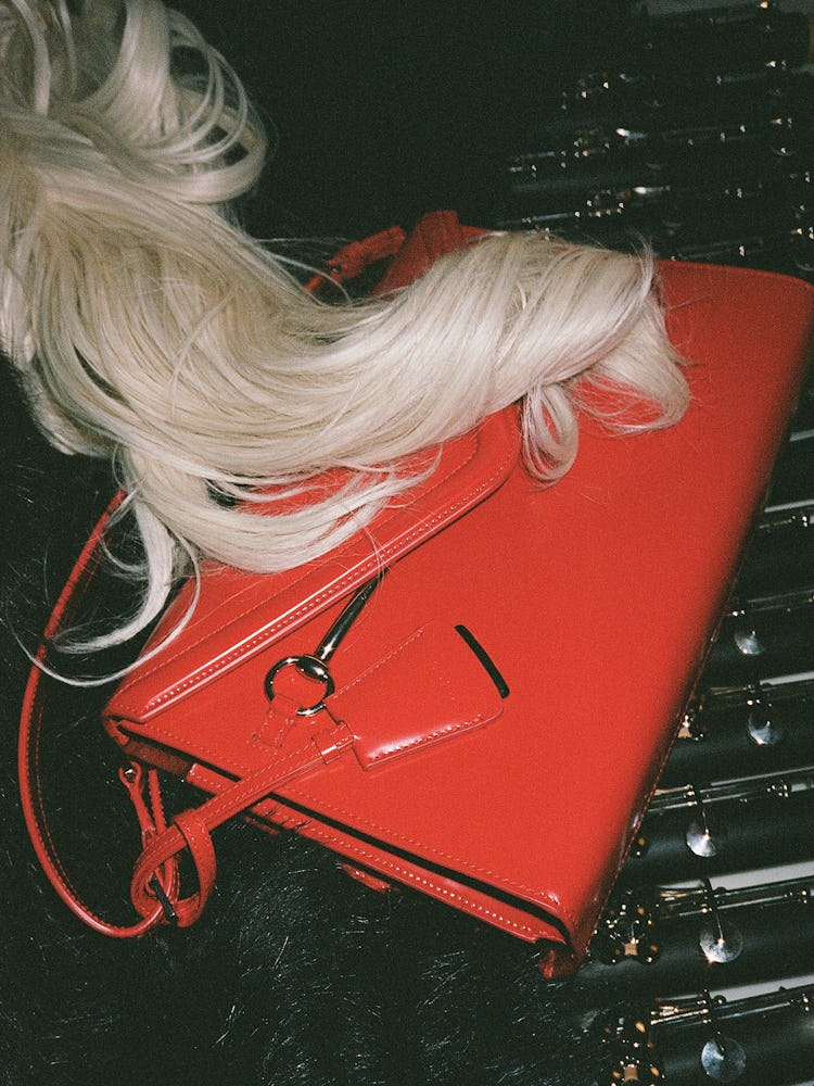 Red leather bag on flutes