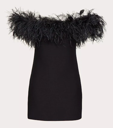 black mini dress with feather embroidery