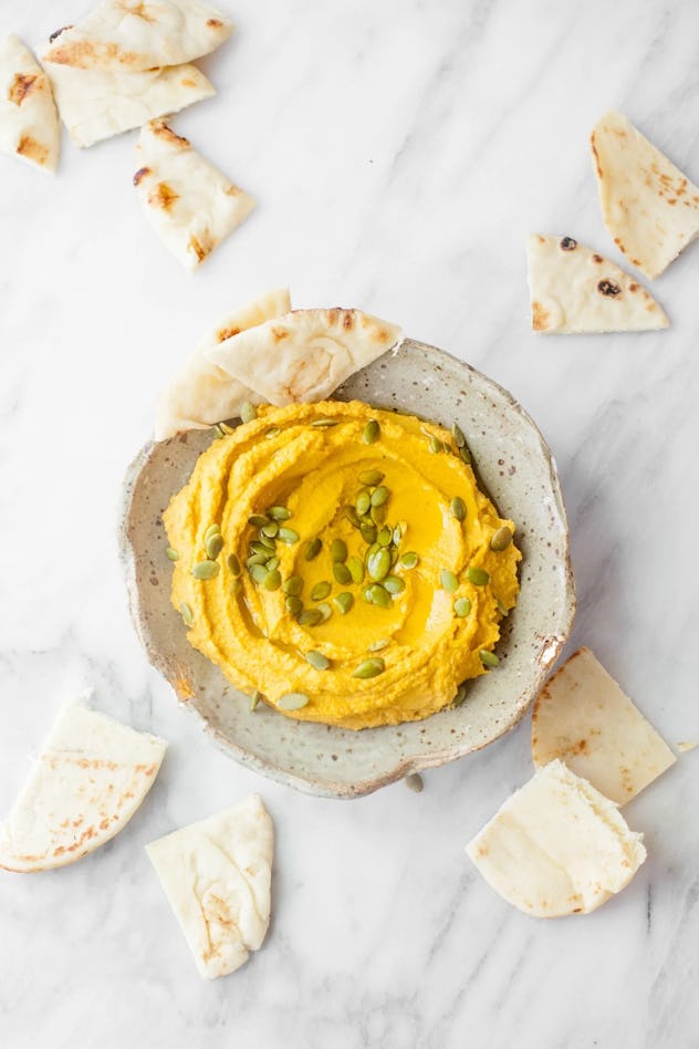 Pumpkin hummus, a light Thanksgiving appetizer.