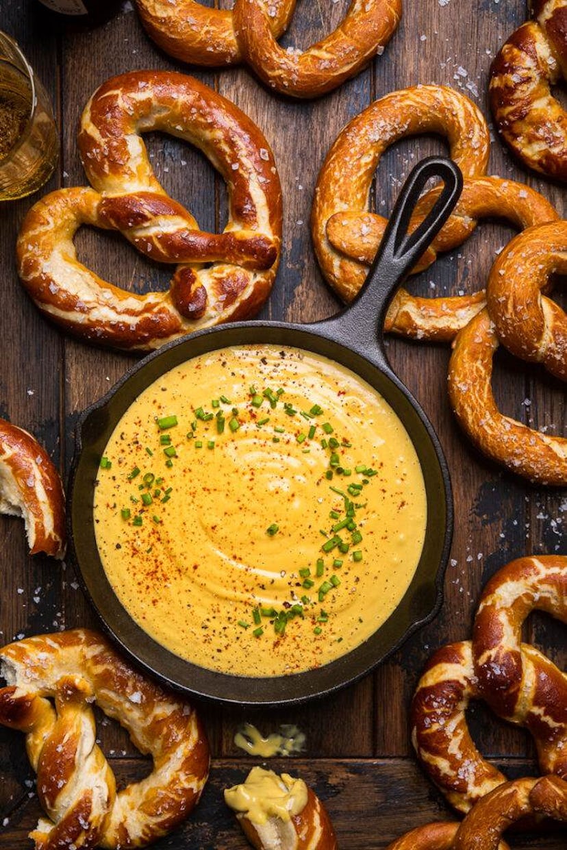 Vegan beer cheese and pretzels, a yummy vegan Thanksgiving appetizer.