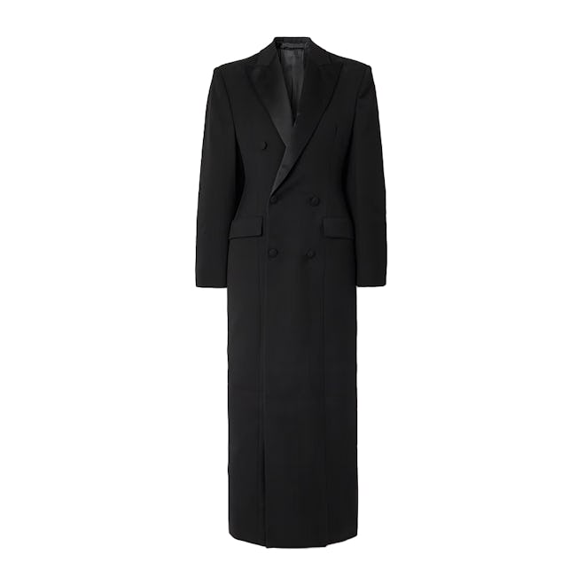 Double-breasted silk-satin trimmed wool coat