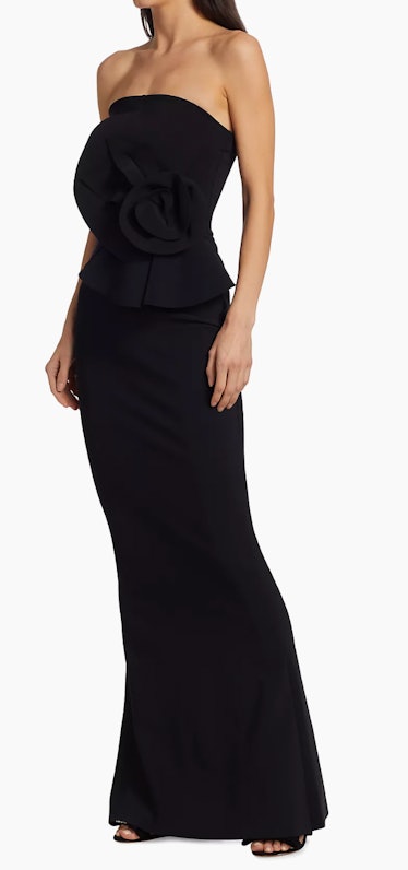 black strapless ruffle gown