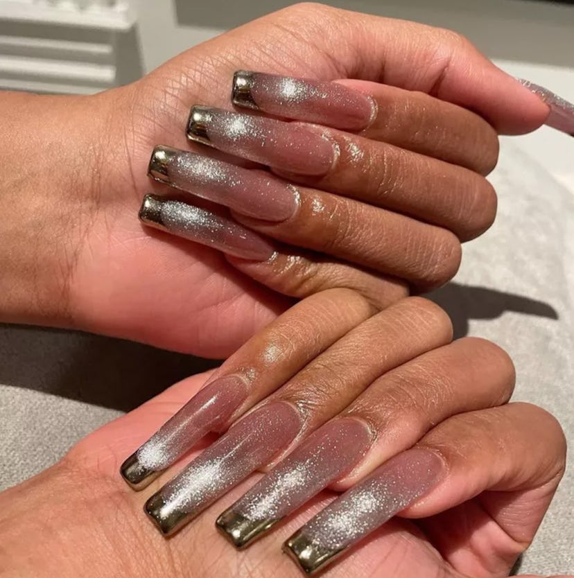 Megan Thee Stallion silver glitter ombre nails