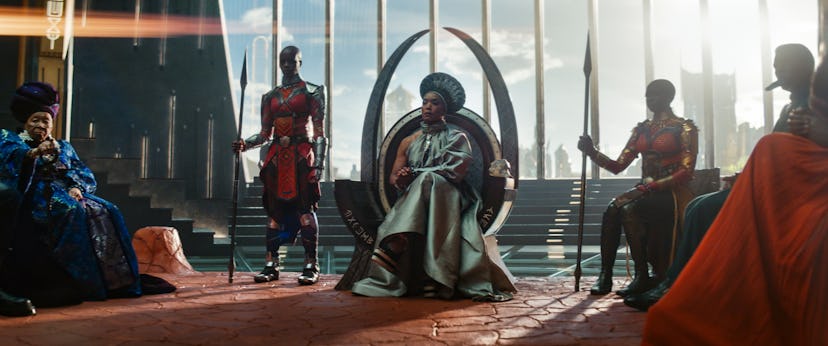 Florence Kasumba as Ayo, Angela Bassett as Ramonda, Danai Gurira as Okoye in Black Panther: Wakanda ...