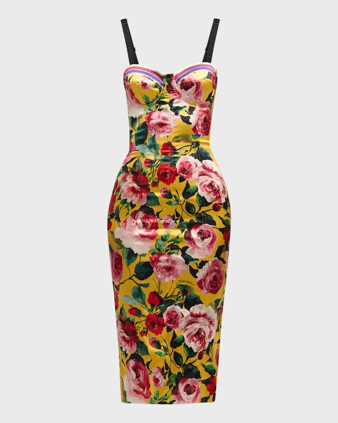 Dolce & Gabbana Floral-Print Sleeveless Bustier Midi Dress