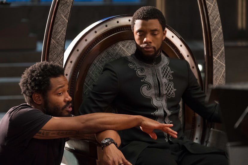 Ryan Coogler directs Chadwick Boseman on the set of Black Panther
