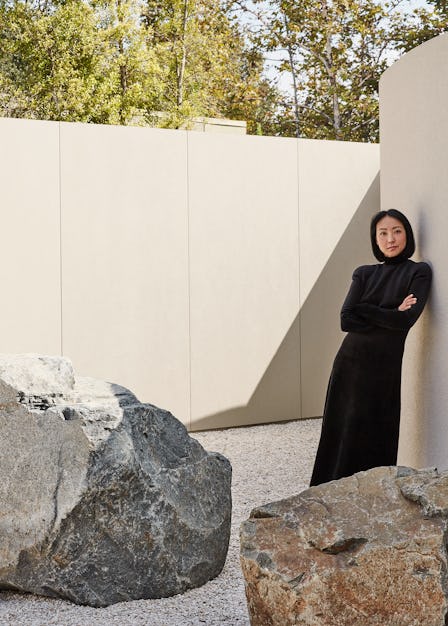 Gallerist Esther Kim Varet, at her Los Angeles home, wearing a Balenciaga gown. 