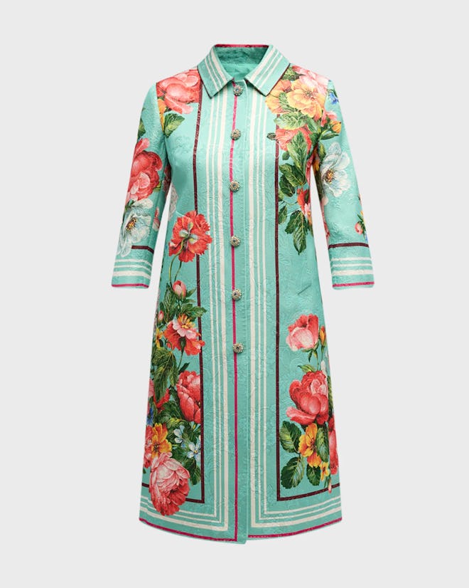 Dolce & Gabbana Floral-Print 3/4-Sleeve Metallic Jacquard Coat