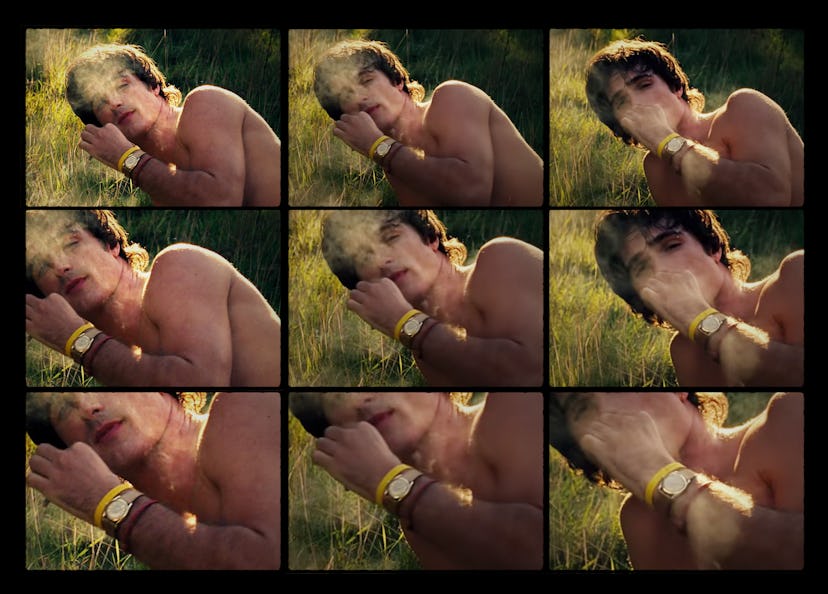 Jacob Elordi, wearing a Livestrong bracelet in 'Saltburn.'