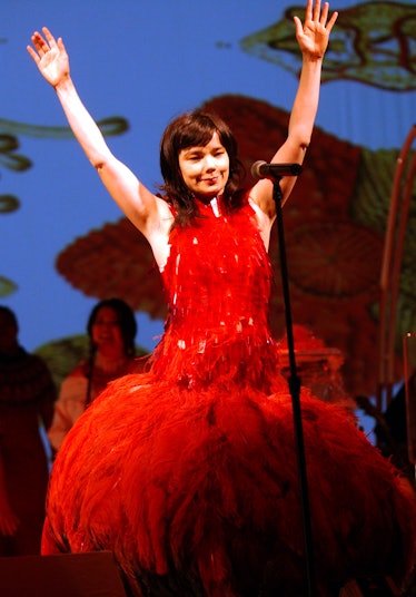 Bjork in red feathered dress. 