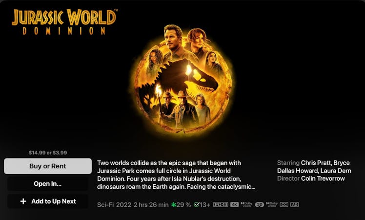 An Apple TV movie page with the "3D" tag visible.