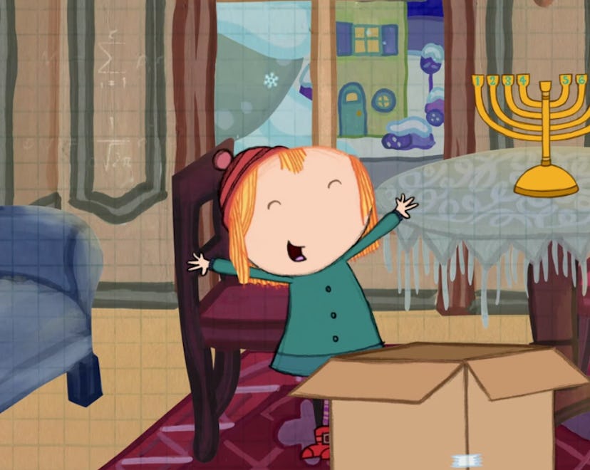 Peg of 'Peg+Cat' celebrating Hanukkah, a menorah visible in the background.