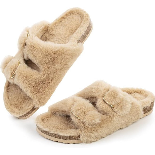 FITORY Faux Fur Lined Cork Slide Sandals