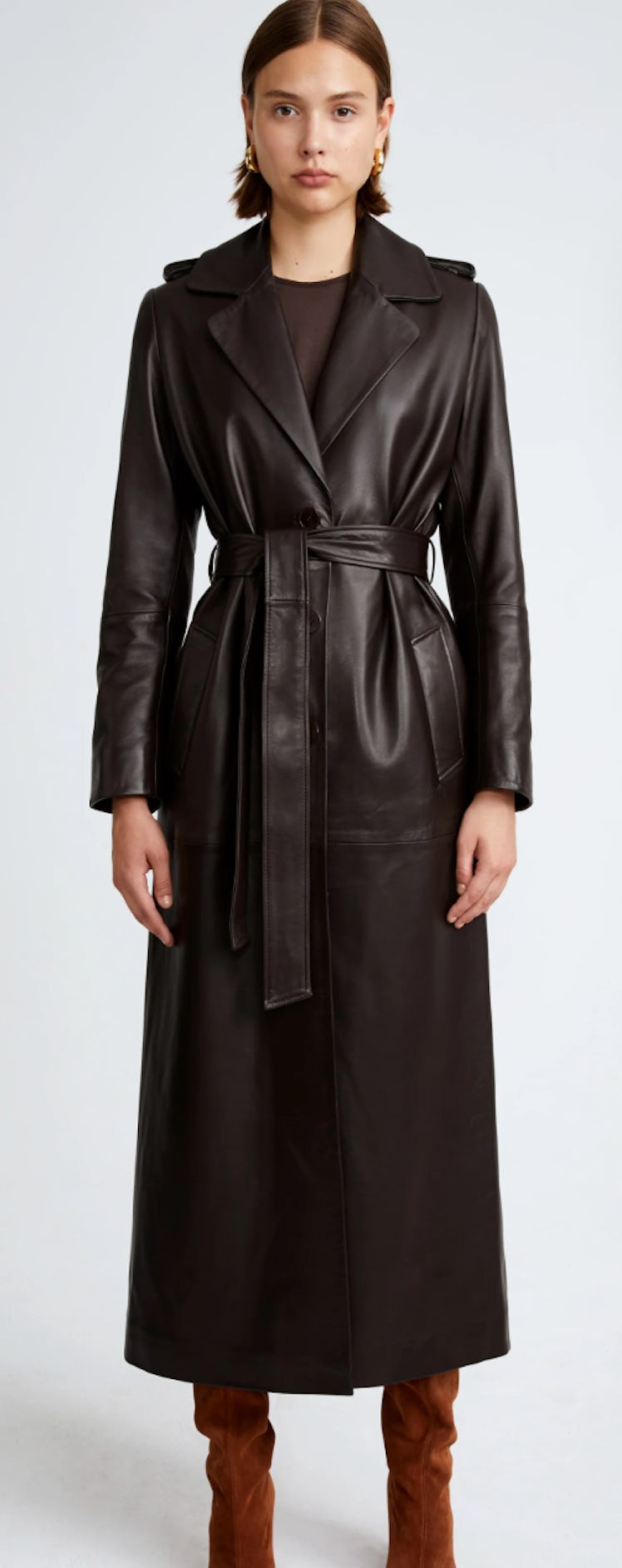 espresso brown leather trench