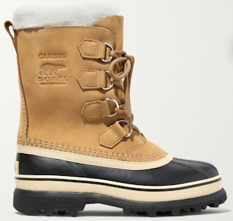 tan rubber snow boots with fleece trim