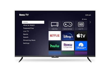 A TV displaying the Roku TV interface.