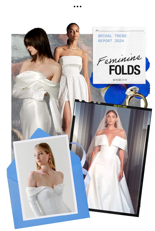 Feminine Folds: folded neckline wedding dresses are among 2024 bridal trends.