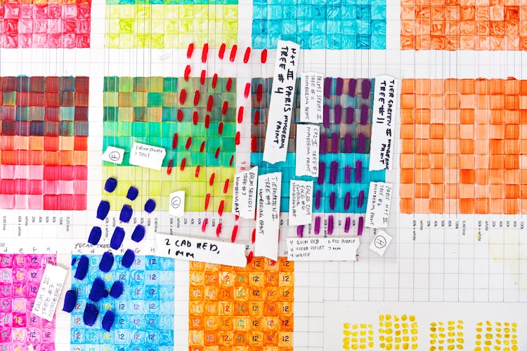 The paint swatches Gaines uses to map out his densely gridded works. 