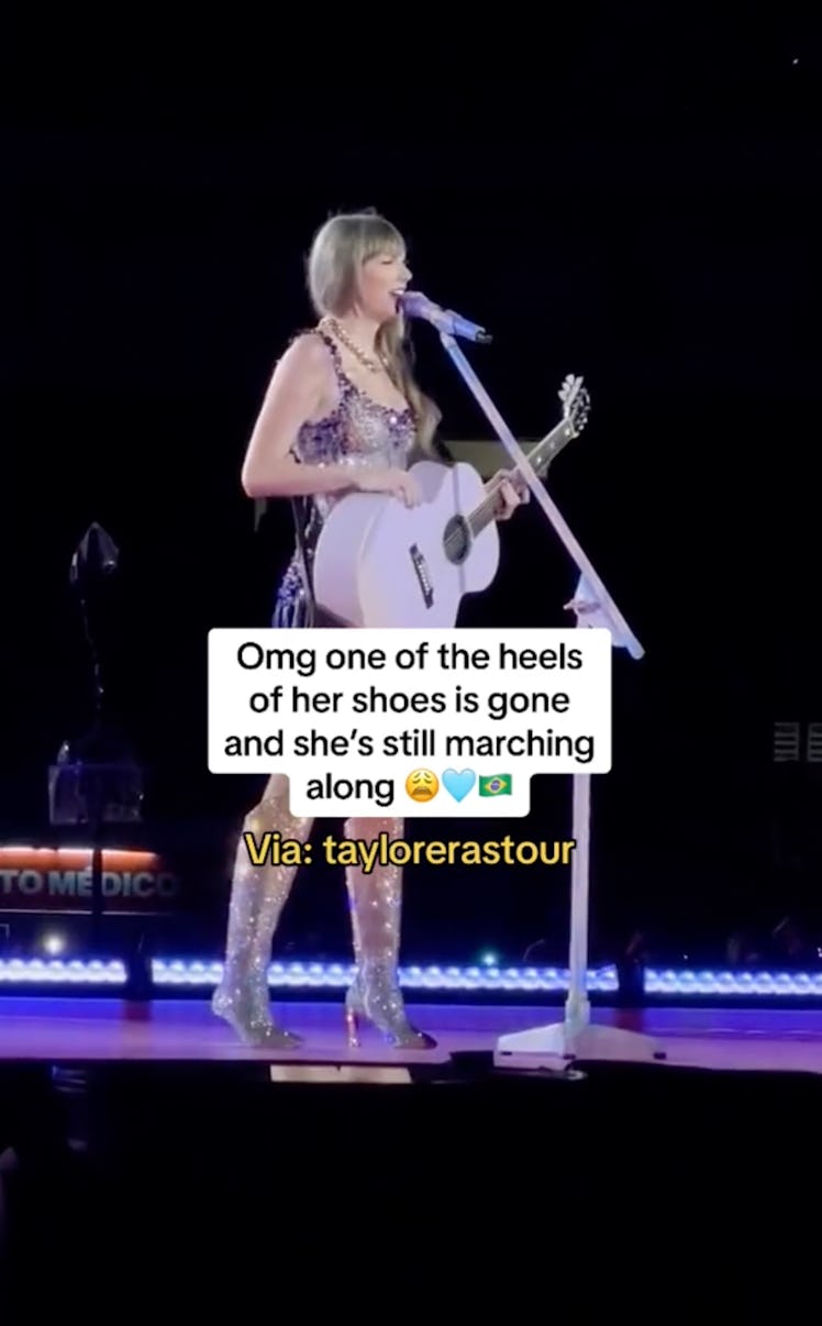 Taylor Swift recently lost the heel to her boot during her Brazil show. 