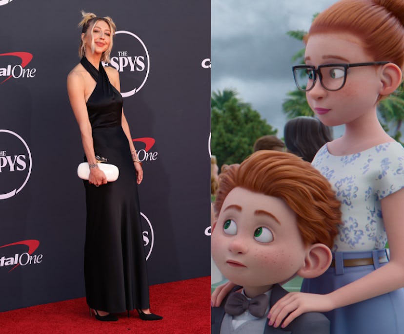 Heidi Gardner side by side with her character from Leo, Eli's mom