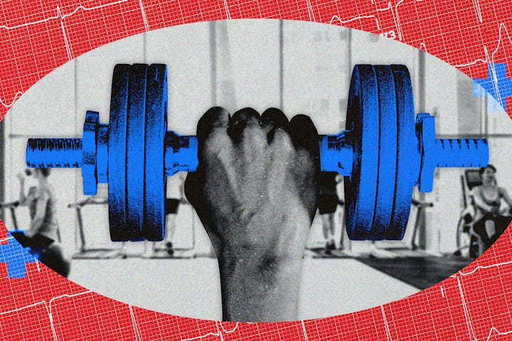 A man holding a dumbbell, edited onto a gym scene.