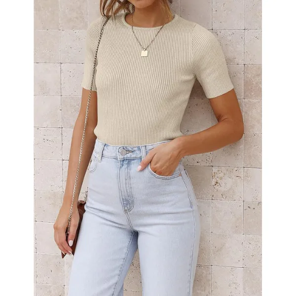 ZESICA Ribbed Knit Short Sleeve Top