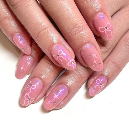 Shimmery ribbon nails.