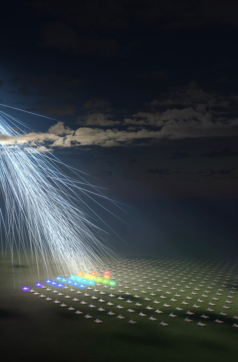 Artist’s illustration of the extremely energetic cosmic ray observed by a surface detector array of ...