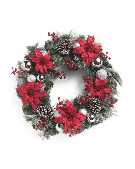 Balsalm And Fir 28in Poinsettia And Ornament Wreath