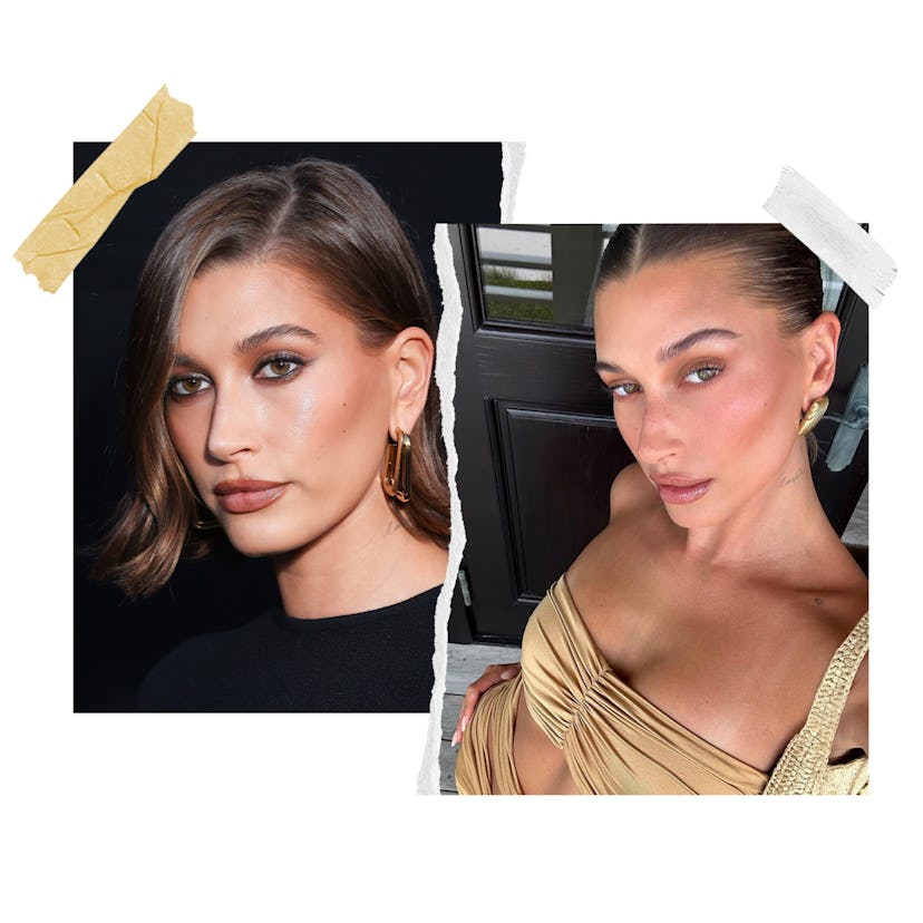 Hailey Bieber is pictured with both "espresso makeup" and "latte makeup" looks.