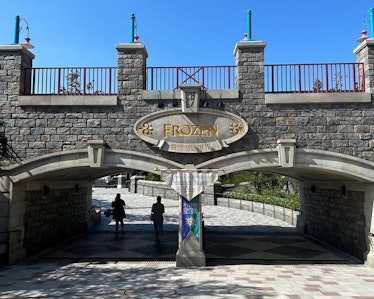 Guests entering World Of Frozen from Fantasyland are directed under a stone bridge that hides the vi...
