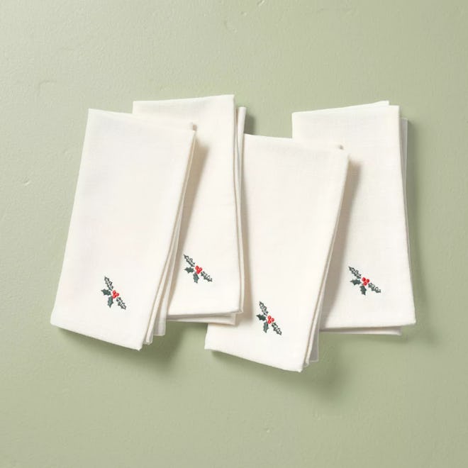 4pk Christmas Holly Leaf & Berry Embroidered Cloth Napkins 
