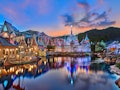 World Of Frozen at Hong Kong's Disneyland park is captured lit up for the evening.