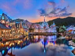 World Of Frozen at Hong Kong's Disneyland park is captured lit up for the evening.