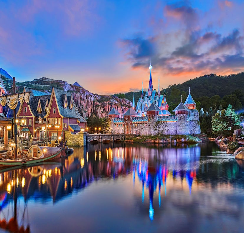 World Of Frozen at Hong Kong's Disneyland park is captured lit up for the evening.