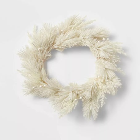 Target 22" Flocked Faux Pampas Grass Hard Needle Artificial Christmas Wreath with Pearl Berries Ivor...