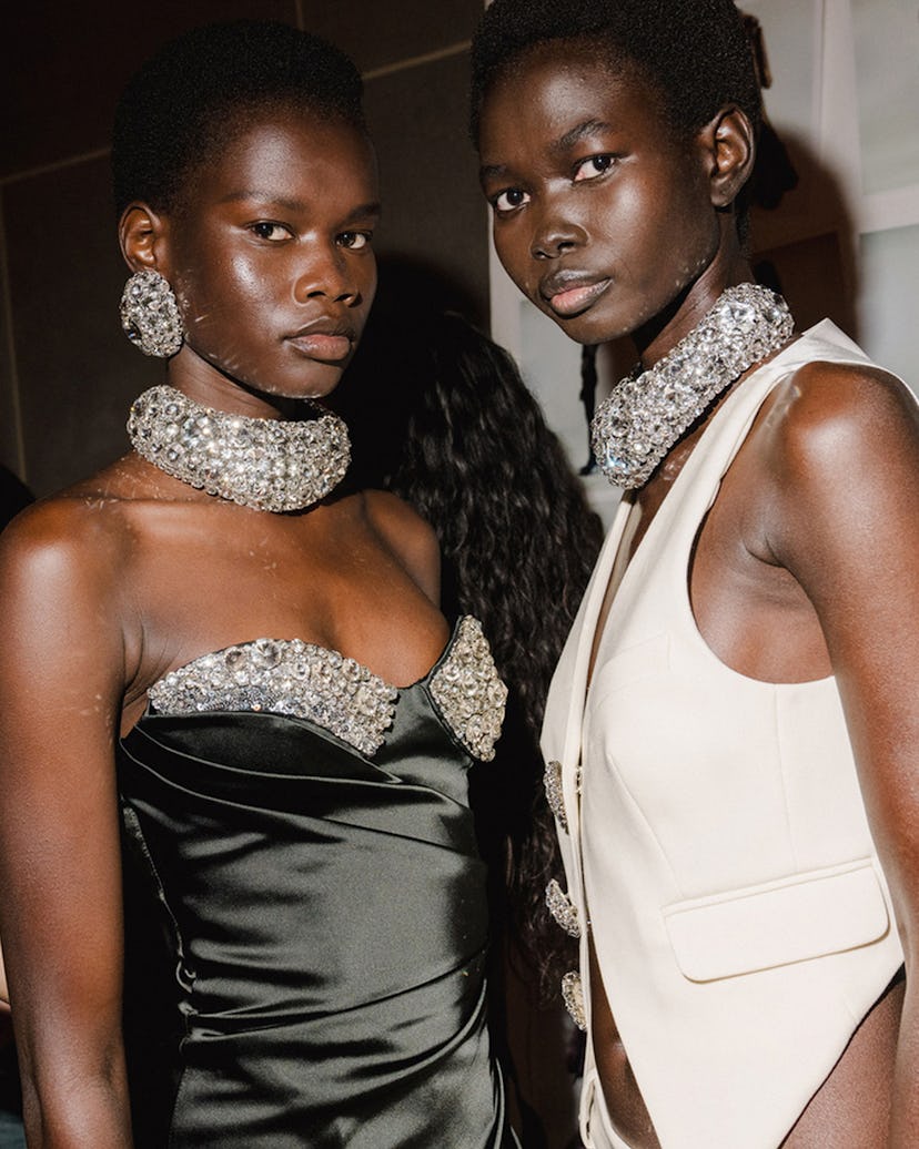 Models backstage at Area Spring 2024 Ready To Wear Runway Show at The Williamsburg Savings Bank on S...